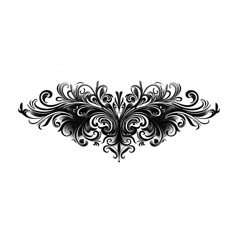 Baroque Noir black ornamental scrollwork temporary tattoo with symmetrical gothic flourishes