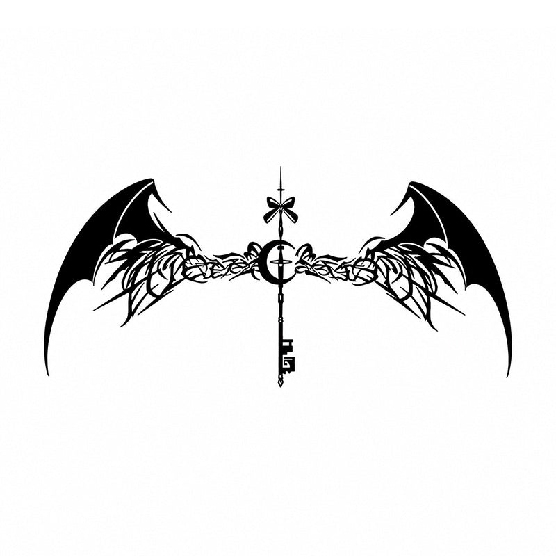 Shadow Key bat wings temporary tattoo with gothic key centerpiece and tribal black design