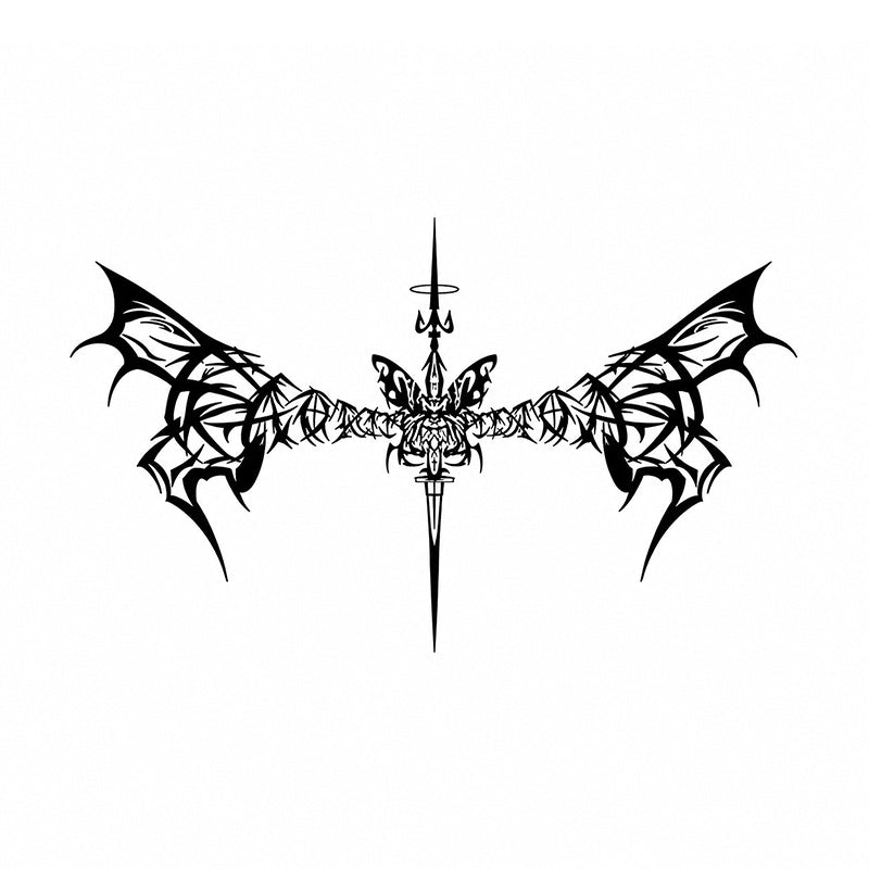 Shadow Spear bat wings temporary tattoo with gothic spear centerpiece and black tribal design