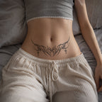 Woman wearing the Starlit Thorn black tribal temporary tattoo on the lower stomach