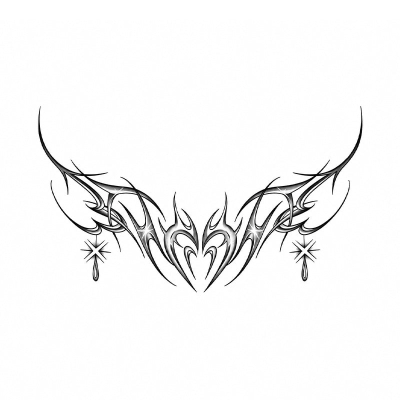 Starlit Thorn tribal chest temporary tattoo with symmetrical gothic heart design and star drops