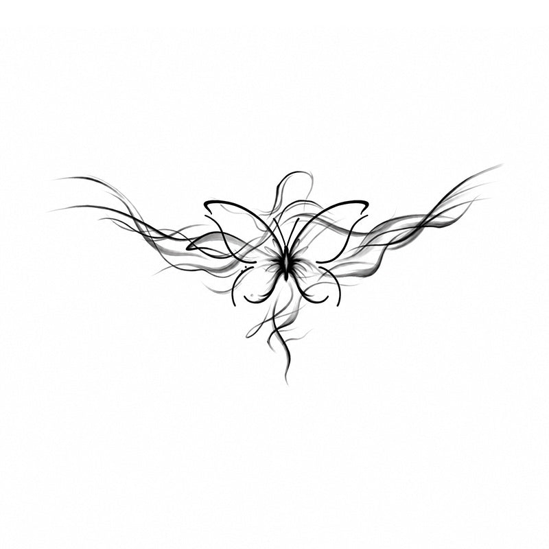 Phantom Bloom fine line butterfly temporary tattoo with flowing abstract wings and floral center