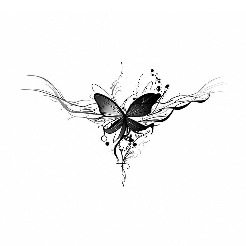 Ink Veil abstract black butterfly temporary tattoo with flowing ink lines and artistic splash accents