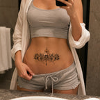Sacred Bloom gothic floral temporary tattoo centered on the lower stomach
