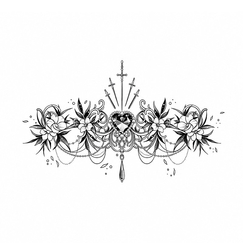Sacred Bloom gothic floral temporary tattoo with jeweled heart, swords, chains, and blooming flowers