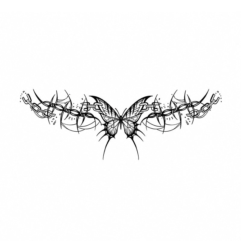 Dark butterfly temporary tattoo with chains, abstract tribal lines, and gothic wing details