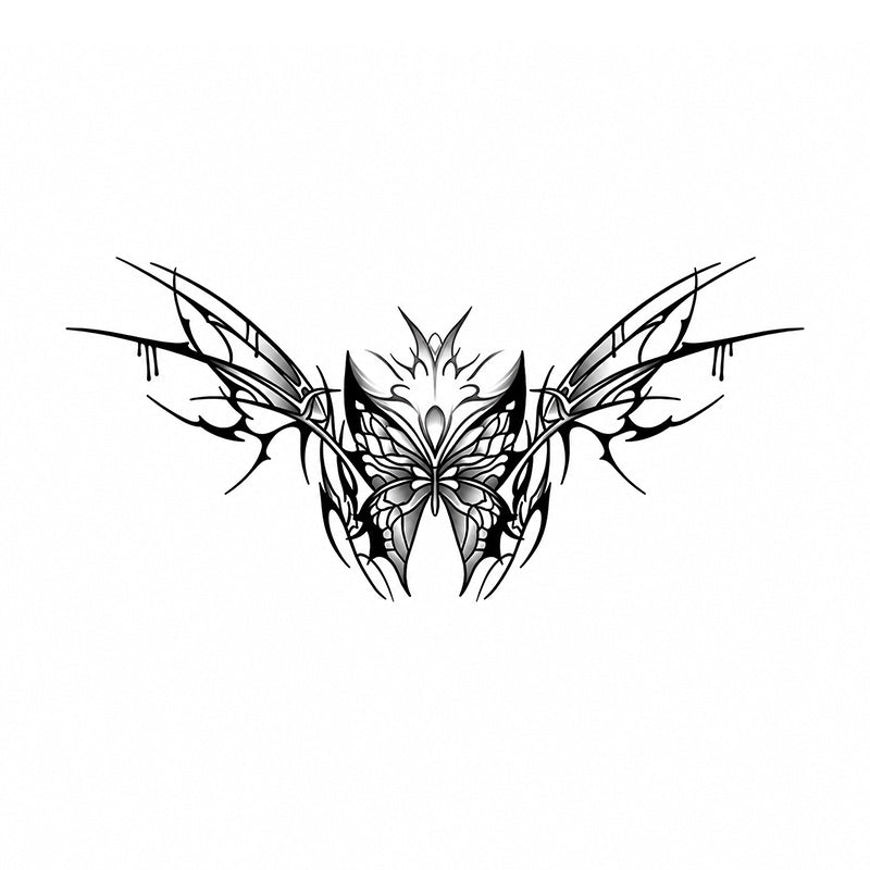 Black tribal butterfly temporary tattoo with abstract fairy wings and symmetrical gothic linework