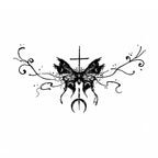 black eclipse cross butterfly succubus temporary tattoo with gothic wings, crescent moon and ornamental lines