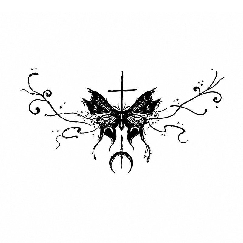 black eclipse cross butterfly succubus temporary tattoo with gothic wings, crescent moon and ornamental lines