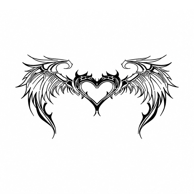 black celestial wing heart succubus temporary tattoo with symmetrical feather wings