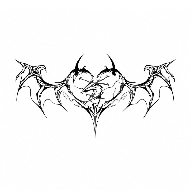 black broken heart succubus temporary tattoo with gothic bat wings and thorn details