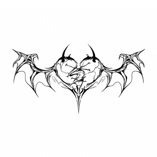 black broken heart succubus temporary tattoo with gothic bat wings and thorn details