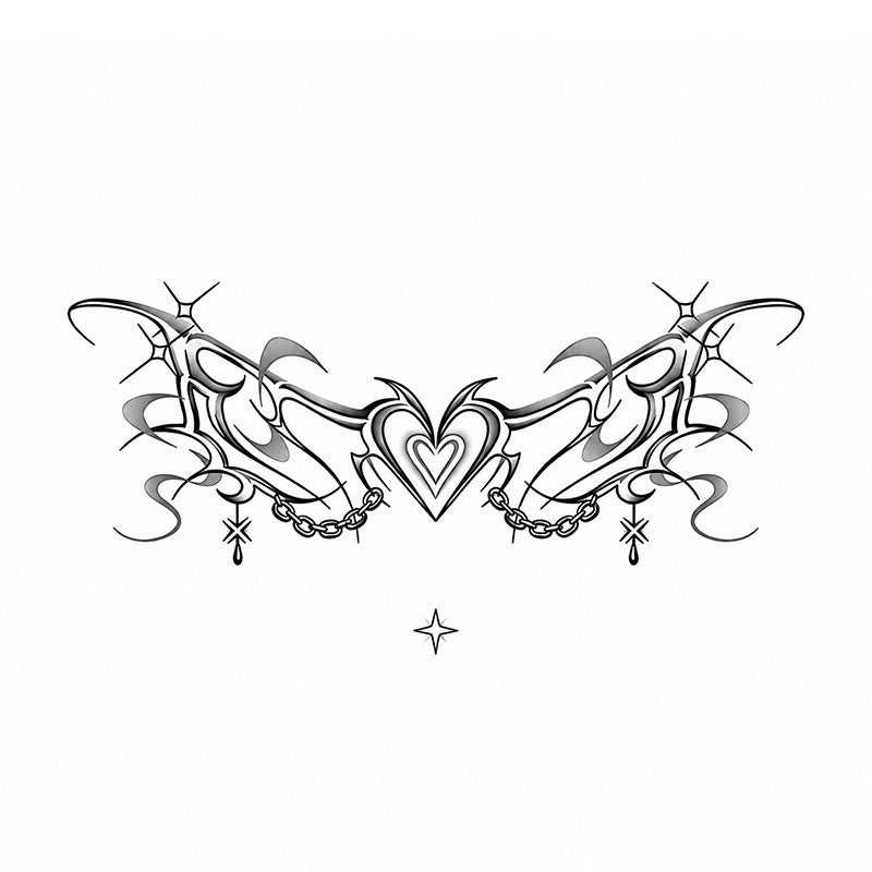 black gothic cyber heart succubus temporary tattoo with chains and abstract tribal lines