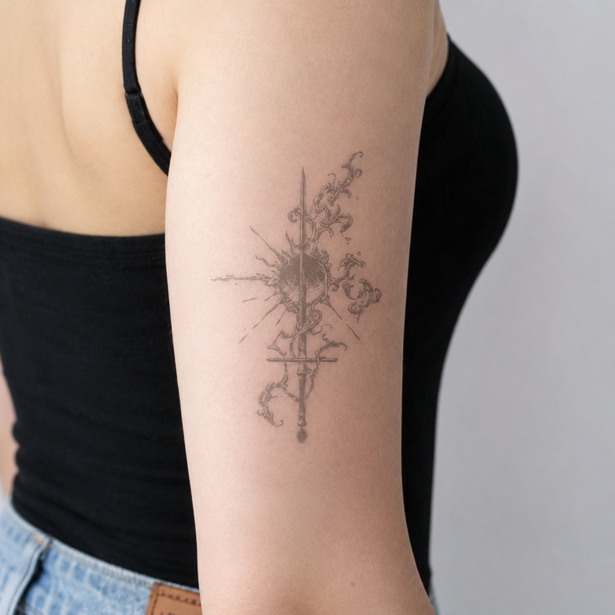 Temporary tattoo after 1 hour with light color development on upper arm